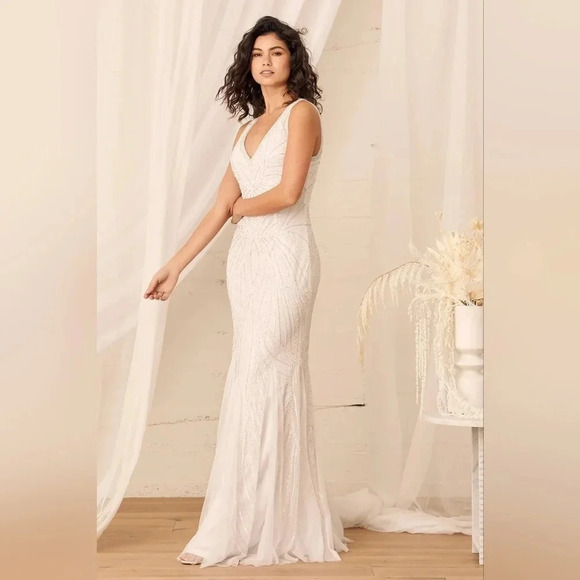 Lulu's Make Them Marvel White Beaded Mermaid Maxi Dress Wedding Bride Party - Picture 3 of 12